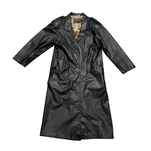 Vintage 90s Hunt Club Trench Men's Black Leather Trench Coat - Picture 1 of 11